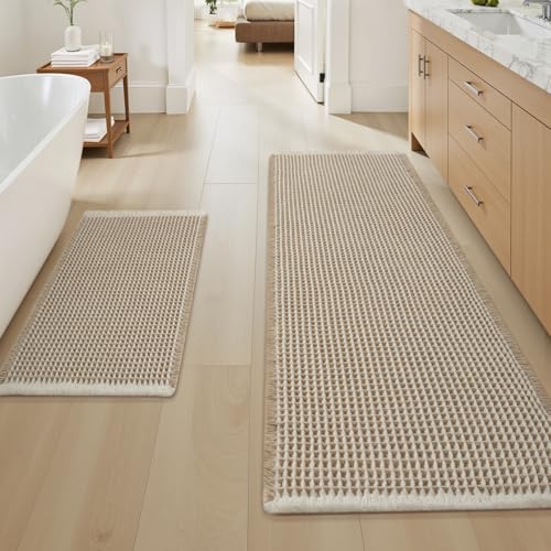 Upgraded Waffle Bath Mat Set of 2 Absorbent Bathroom Mat 18"x30" + 24"x48" (9 Sq Ft)
