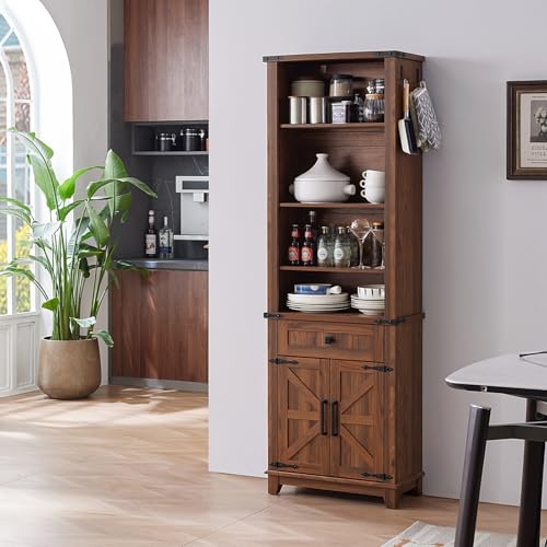 72in Tall Bookshelf 7 Tier Bookcase with Drawer and Barn Doors and Adjustable Shelves