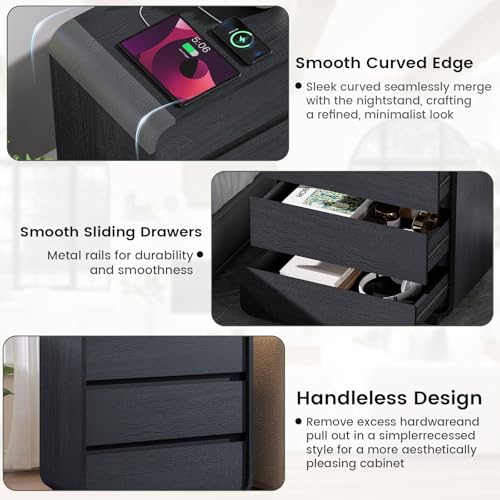Modern Black Nightstand with Charging Station