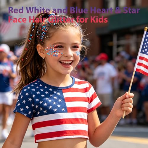 Red White and Blue Face Hair Body Glitter Stick with Heart & Star Sequins
