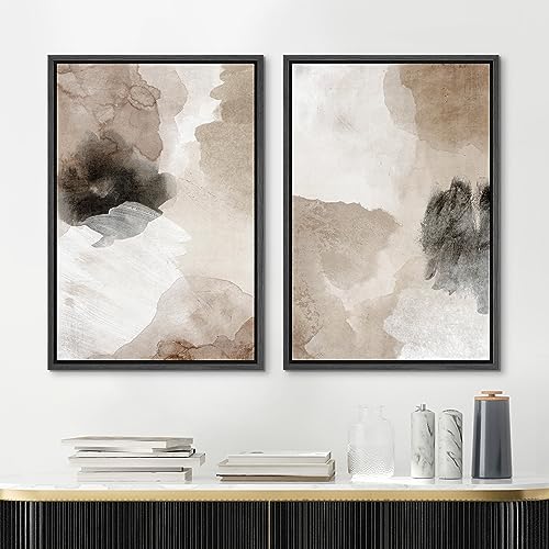 Framed Canvas Print Wall Art Watercolor Brown White Black Collage Abstract Shape Illustrations Modern Art Decorative Bohemian Colorful Chic for Living Room (2 Count)