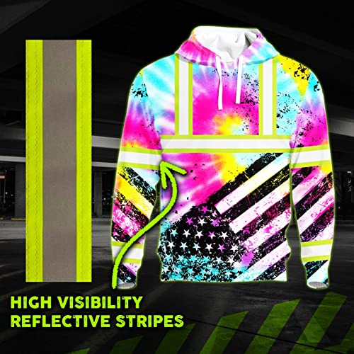 Tie Dye USA Flag New Hoodie Class 3 US Flag High Visibility Reflective Workwear Hoodie