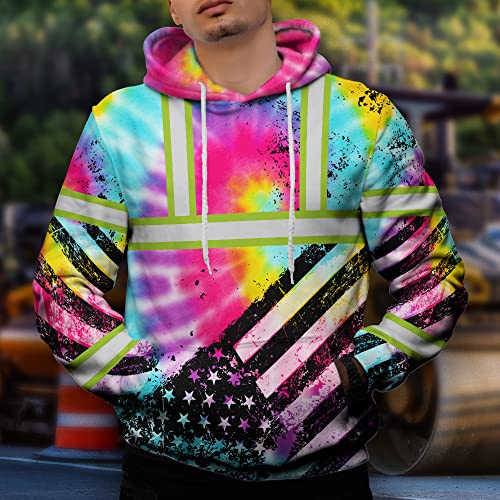 Tie Dye USA Flag New Hoodie Class 3 US Flag High Visibility Reflective Workwear Hoodie