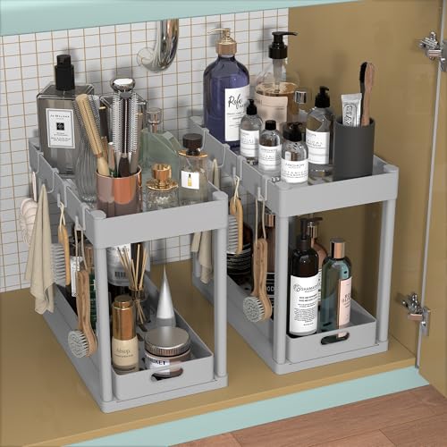 2PC Under Sink Organizer Rack 2 Tier Under Sliding Cabinet Basket Organizer Drawer with 4 Hooks (2 Count)