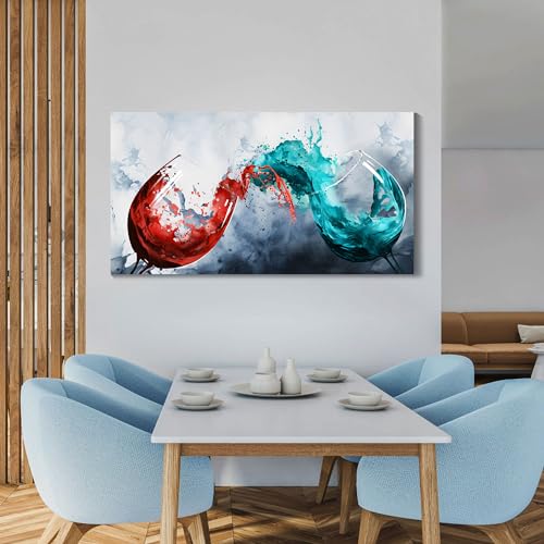 Dining Room Wall Art Wine Glass Canvas Wall Pictures Kitchen Art Wall Decor Blue & Red Wine Cups Painting Modern Wall Art for Living Room Office Artwork Wall Decor 24x48IN