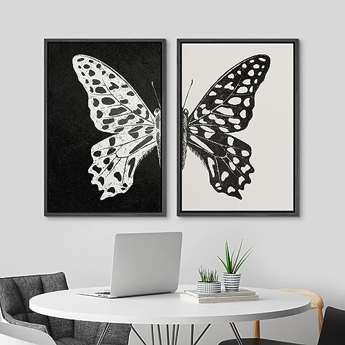 Framed Canvas Wall Art Black and White Butterfly Prints Minimalist Modern Art Boho Wall Decor for Bedroom (2 Count)