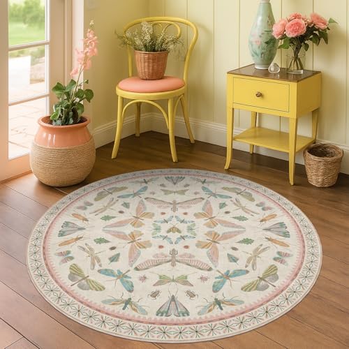 Boho Light Pink Round Rugs for Kids Bedroom (16 Sq Ft)