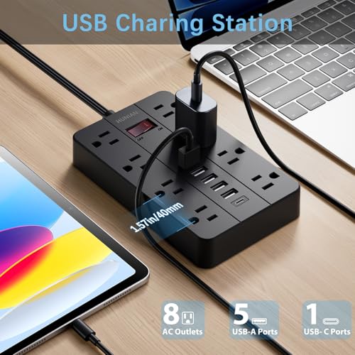 Power Strip 15Ft Flat Plug Extension Cord with Multiple Outlets