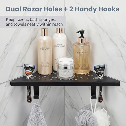 Matte Black Corner Shower Shelves with Hooks and Razor Holes (2 Count)