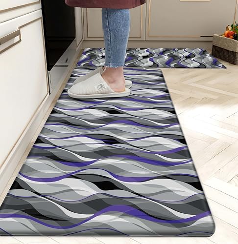 Kitchen Mats for Floor Modern Abstract kitchen rugs Grey and Purple Stripe Anti Fatigue Kitchen Mats Waterproof Floor Mats Cushioned Non