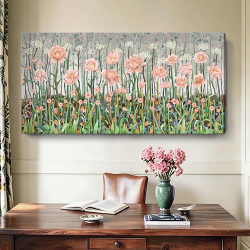 Rustic Plant Wall Art For Bedroom Pink Green Floral Print 58X29 In