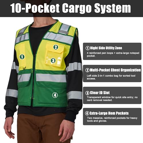 Yellow Green Reflective Vest 9 Pockets Mesh Back ID Pocket XL