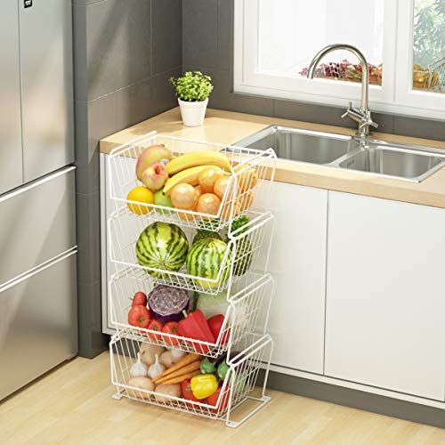 4 Tier Large Stackable Wire Storage Baskets with Wheels