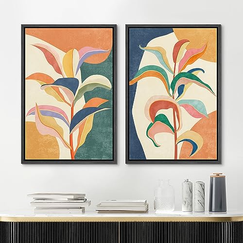 Framed Canvas Wall Art Colorful Tropical Jungle Leaf Botanical Prints Minimalist Modern Art Boho Wall Decor for Bedroom (2 Count)
