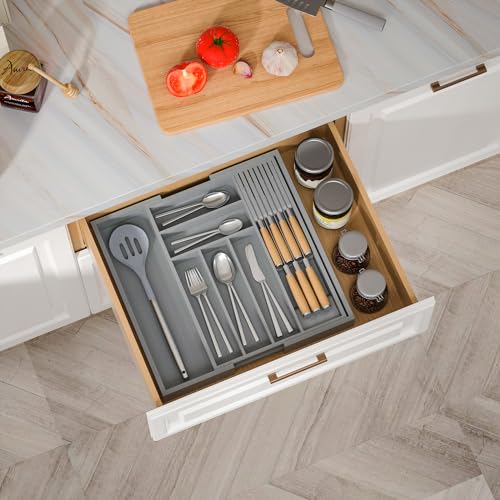 Expandable Bamboo Silverware Drawer Organizer Kitchen Tray