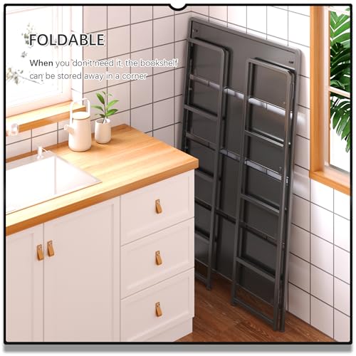No Assembly Extra Wide 4 Tiers Folding Bookshelf Storage Shelves Vintage Bookcase Standing Racks Study Organizer Home Office