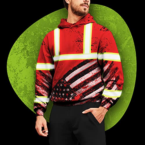 Safety Hoodie Red US Flag Customize Name High Visibility Hoodie for Men Reflective Hoodie Hi Vis Construction Workwear for Runners