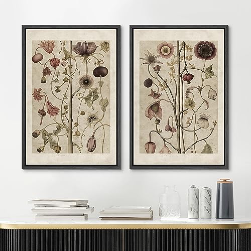 Framed Canvas Print Wall Art Wildflower Floral Botanical Nature Illustration Modern Art Decorative Multicolor Geometric Minimal for Bedroom (2 Count)