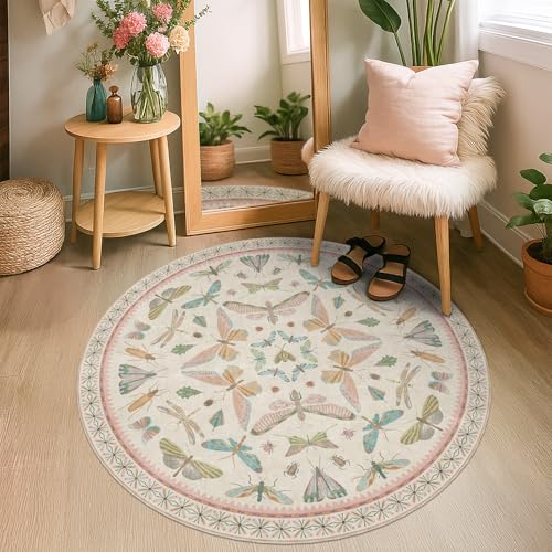 Boho Light Pink Round Rugs for Kids Bedroom (16 Sq Ft)