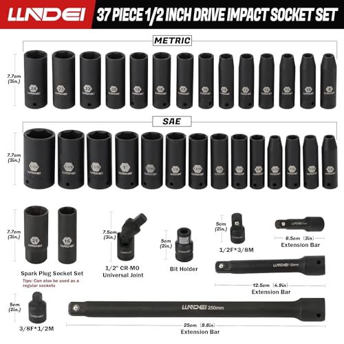 1 2" Drive Deep Impact Socket Set 37Pcs SAE (37 Count)