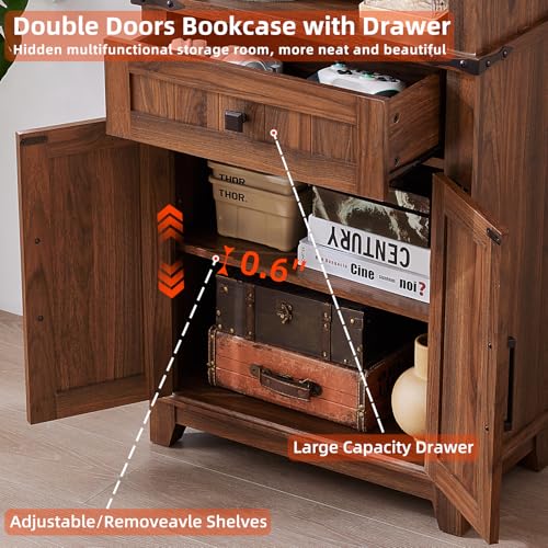 72in Tall Bookshelf 7 Tier Bookcase with Drawer and Barn Doors and Adjustable Shelves