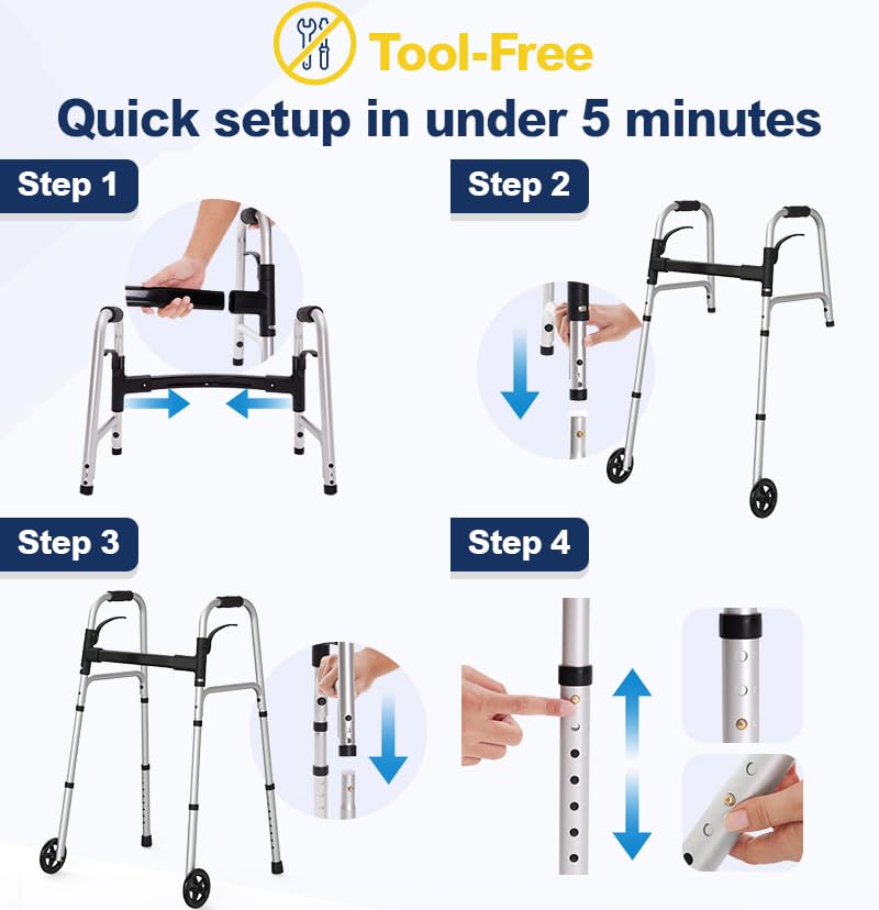 Folding Walker with 2 Precut Tennis Balls and 5" Wheels 350 lbs