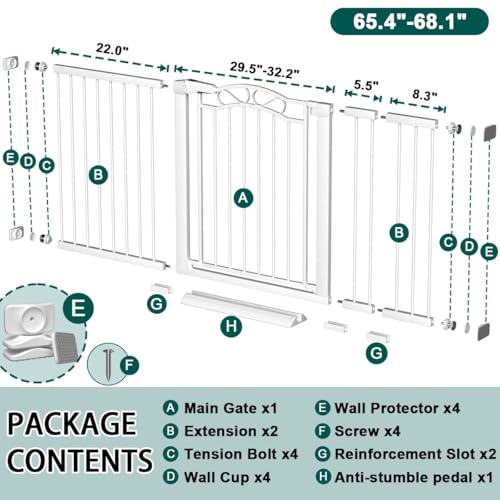 65.4" 68.1" Extra Wide Press Mounted Baby Gate Indoor for Kids Or Pets Walk Thru No Drill Long Dog Gates for The House Doorway Child Safety Gate
