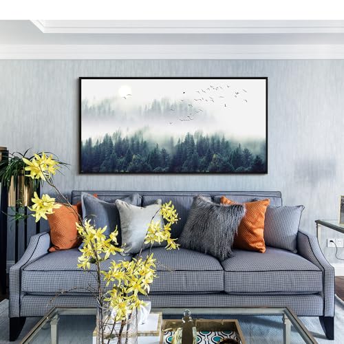 Framed Wall Decor Living Room Large Size Canvas Wall Art For Bedroom Foggy Forest Trees Landscape Painting Office Wall Decorations Boho Home Decor Canvas Pictures Artwork Black Wood Framed 30" X 60"