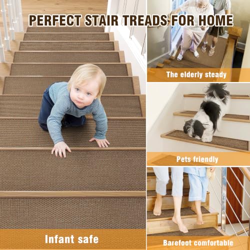Linen Stair Treads Non Slip 10pcs Comfortable Stair Runner for Wooden Steps Peel and Stick Stairs Carpet Treads Indoor Staircase Covers Mat with Self