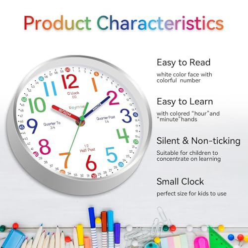 14" Wall Clock for Kids Learning Silent Battery Operated Teaching