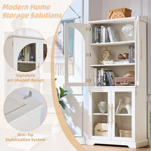 72" Tall Bookcase with 4 Curved Glass Doors