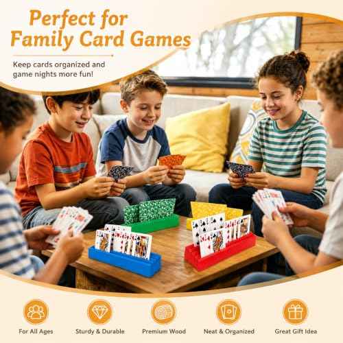Card Holders for Playing Cards Deck Stand Wood Playing Card Holder for Kids Canasta Holder for Adults Seniors Card Deck Crowns Uno Games Set of 4 Colors (2 Count)