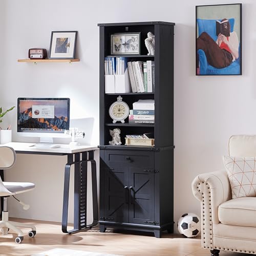 72in Tall Bookshelf 7 Tier Bookcase with Drawer and Barn Doors and Adjustable Shelves (3 Count)
