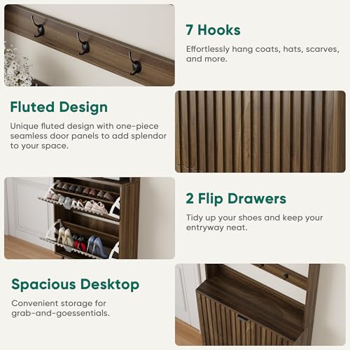 Shoe Cabinet with 2 Flip Drawers & Coat Rack Hooks