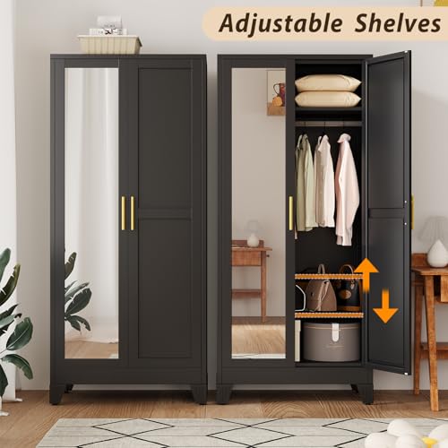 Metal Wardrobe Storage Cabinet with Mirror and Hanging Rod