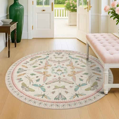 Boho Light Pink Round Rugs for Kids Bedroom (16 Sq Ft)