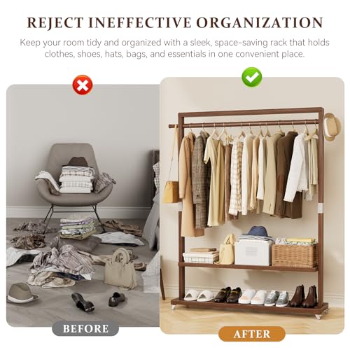 Wood Clothing Rack Solid Wood Clothes rack with Wheels 2 Shelves