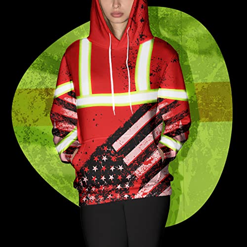 Safety Hoodie Red US Flag Customize Name High Visibility Hoodie for Men Reflective Hoodie Hi Vis Construction Workwear for Runners