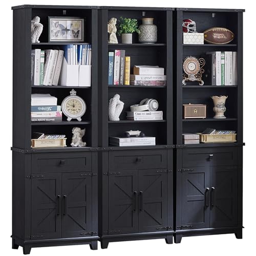 72in Tall Bookshelf 7 Tier Bookcase with Drawer and Barn Doors and Adjustable Shelves (3 Count)