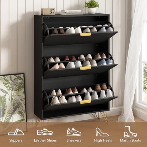 48" H Fluted Shoe Storage Cabinet with 3 Flip Drawers for Entryway