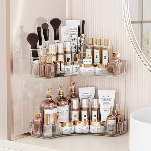 2 Tier Corner Bathroom Counter Organizer with Top Toothbrush Holders