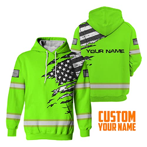 Safety Hoodie Scratch Green US Flag Customize Name High Visibility Hoodie for Men Reflective Workwear for Runners
