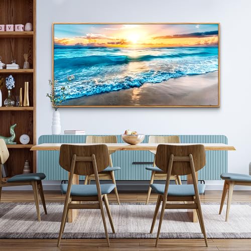 Large Canvas Wall Art For Living Room Wood Framed Wall Decor For Bedroom Blue Beach Seascape Wall Paintings Modern Office Decorations Home Decor Poster Artwork Ready to Hang Wall Pictures