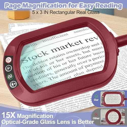 15X Rectangular Real Glass Magnifying Glass with Light and Stand