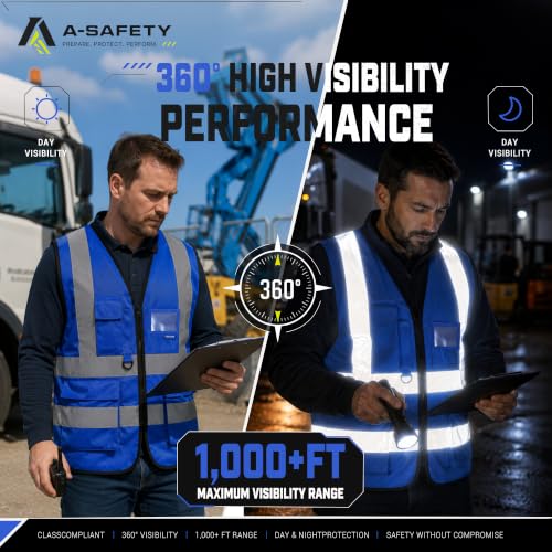 Big and tall Blue high vis Reflective Work Ves 7 Pockets