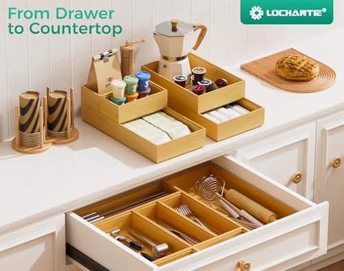 Bamboo Kitchen Drawer Organizer Boxes 12" x 3" Stackable Wooden Organizers (2 Count)
