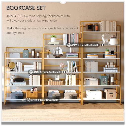 No Assembly Extra Wide 4 Tiers Folding Bookshelf Storage Shelves Vintage Bookcase Standing Racks Study Organizer Home Office