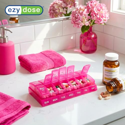 Weekly (7-Day) AM/PM Pill Organizer, Small Medicine Planner, Pink