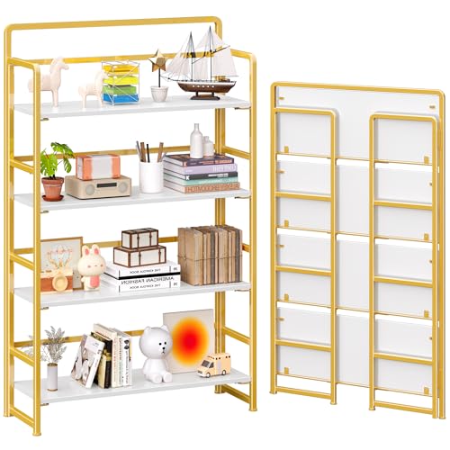 No Assembly Extra Wide 4 Tiers Folding Bookshelf Storage Shelves Vintage Bookcase Standing Racks Study Organizer Home Office