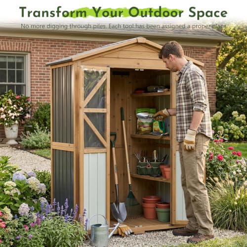 Outdoor Wooden Storage Shed Cabinet with 6 Adjustable Shelves